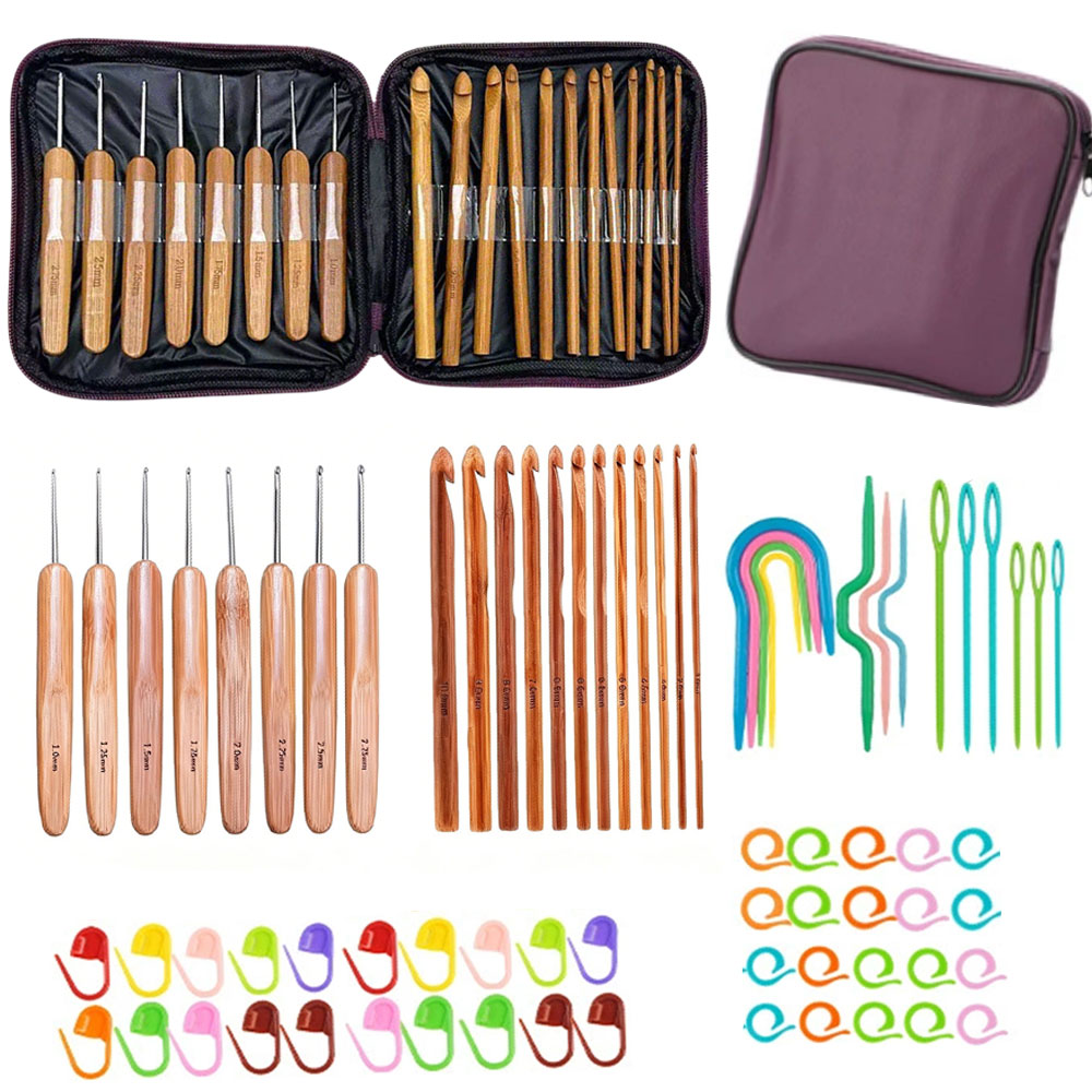 Sewing Necessities - 74個入り竹製かぎ針セット、毛糸編み工芸用裁縫道具、携帯用収納バッグ付き編み物かぎ針セット、裁縫道具