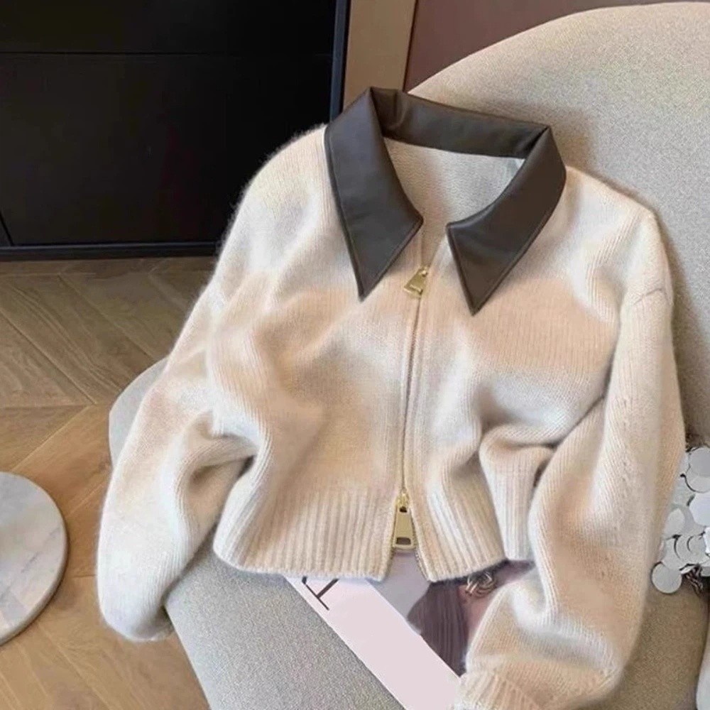 Sewing Front Zipper - レザーカラージッパーフロントセーターカーディガン縫製パターン長袖フリップカラーセーター韓国スタイルストリートウェアクロシェトップ