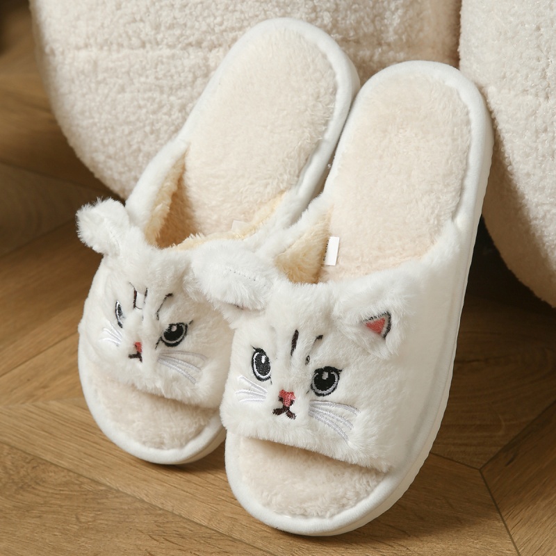 Sewing Garment - かわいい猫のぬいぐるみ風ビーチサンダル、男女兼用、暖かいふわふわのトングスリッパ、漫画風アニマル柄室内用スリッパ、柔らかく厚いEVAサンダル
