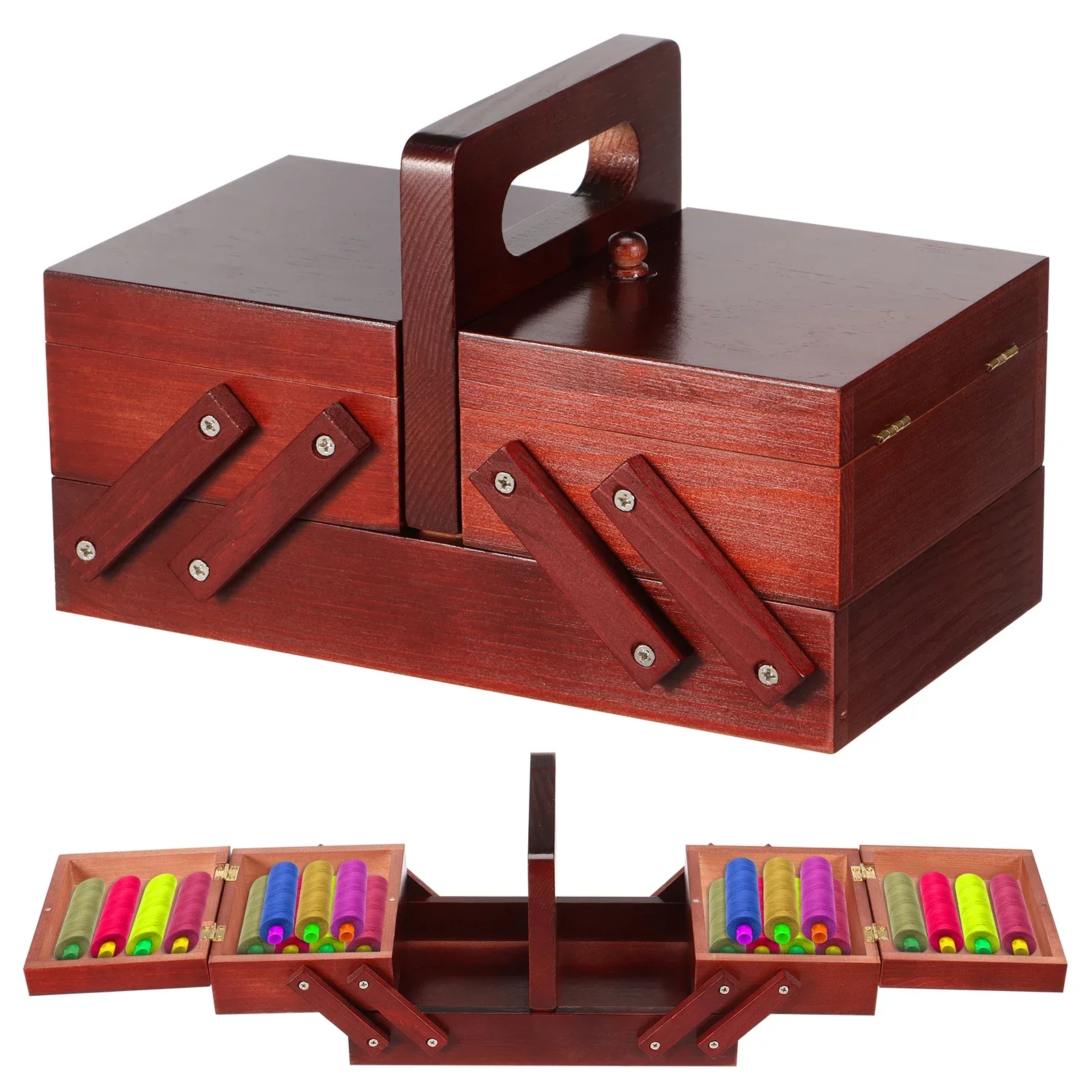 Bobbin Organizer Box - 拡張可能な縫製糸箱木製ヴィンテージボビン空の縫製リールバスケットハンドル付き針糸収納ケースDIYツール