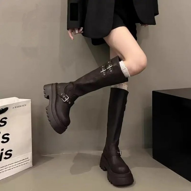女性用チャンキープラットフォームニーハイブーツ、スムースマッ - Elastic Waistband Roll のレビューと価格